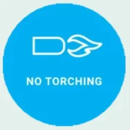 Blauw rond symbool met een vlam en de tekst "NO TORCHING".