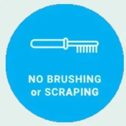 Blauwe cirkel met tekst: "NO BRUSHING or SCRAPING" en een afbeelding van een borstel.