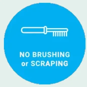 Blauwe cirkel met witte tekst: "NO BRUSHING or SCRAPING" en een illustratie van een borstel.