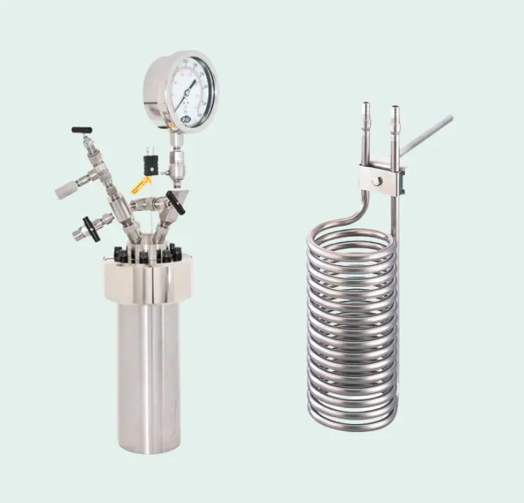 High-quality stainless steel laboratory reactor with precision gauge and multi-valve control, combined with an immersion heating/cooling coi